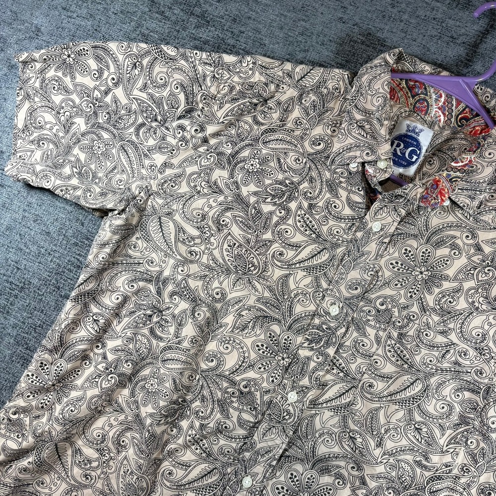R&G London New York Button Down Shirt Mens L Tan Black Paisley Short Sleeve